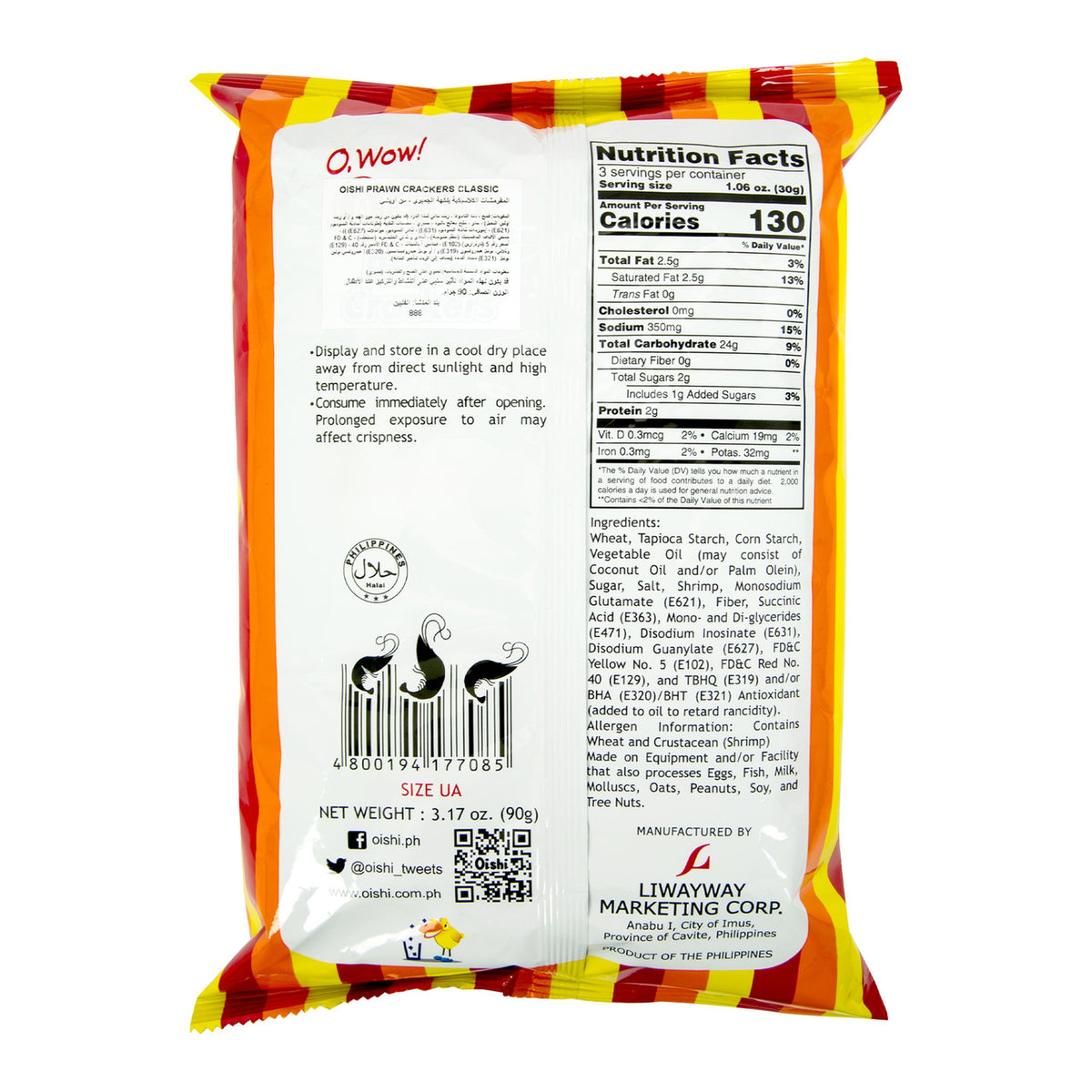 Oishi Prawn Crackers Original 90 g back ingredients and nutrition label