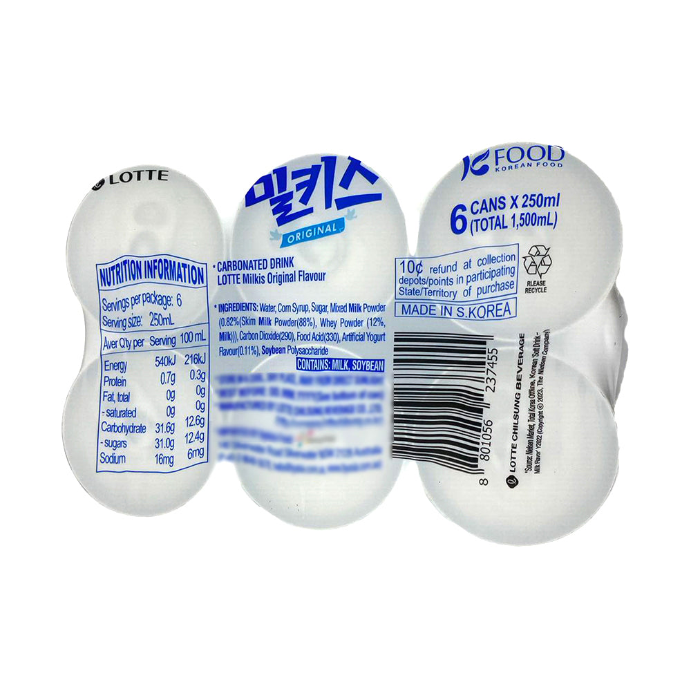 Lotte Milkis Original six pack ingredients and nutrition label